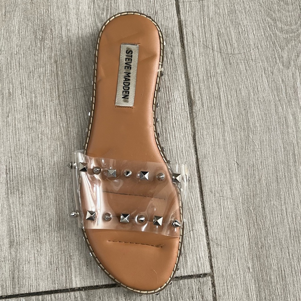 Steve Madden Clear Studded Slide Sandals with Tan Footbed